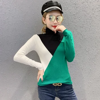 

Korean Turtleneck Patchwork Casual Pullover Sweater Women 2019 New Autumn Winter Women Top Long Sleeve Clothes Pull Femme M99201