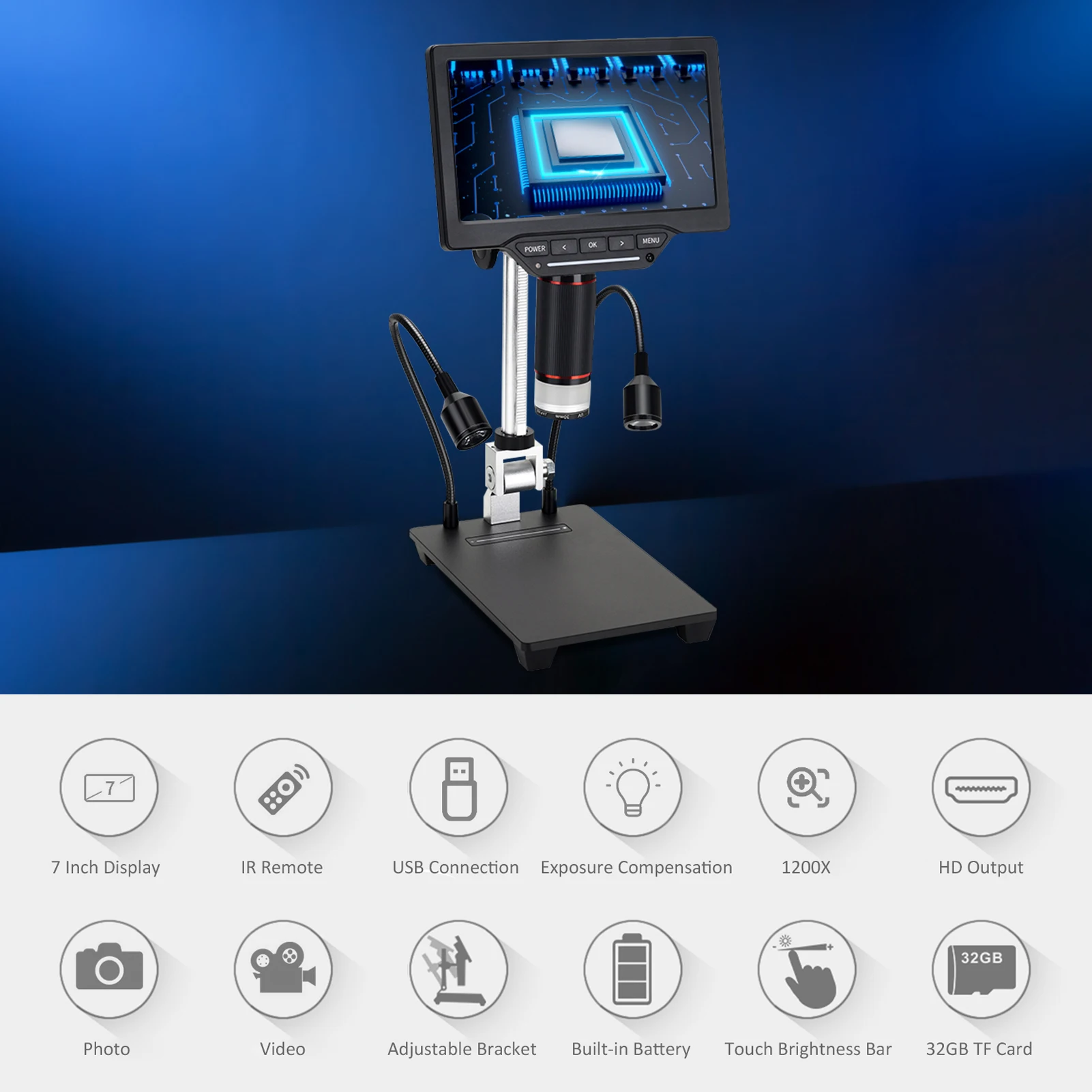 Microscopes 7inch LCD Screen Video Microscope with 32GB TF Card 1200X
