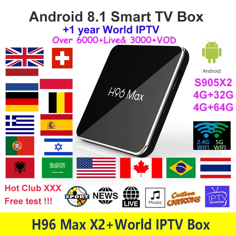 

2019 H96 Max X2 Android 8.1 TV BOX with 1 year World IPTV subscription 6000+channels Europe UK Poland Swiss Croatia US Adultxx