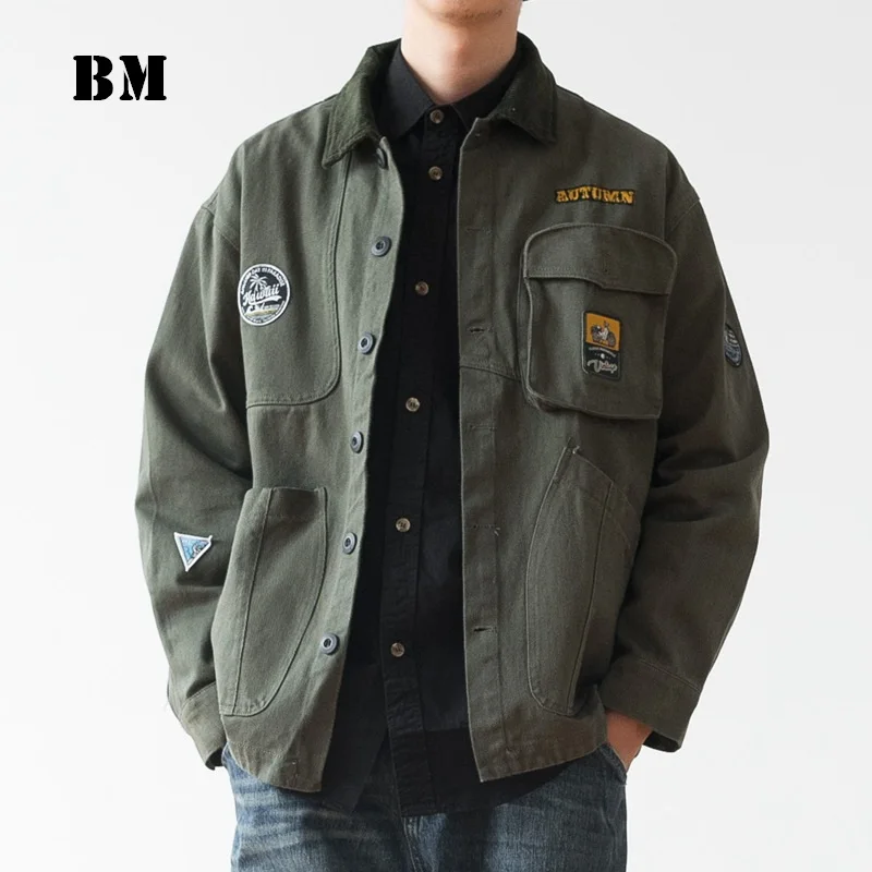 

2021 Spring Autumn Lapel High Quality Jacket Japanese Streetwear Army Green Workwear Coat Men Clothing Harajuku Top Male