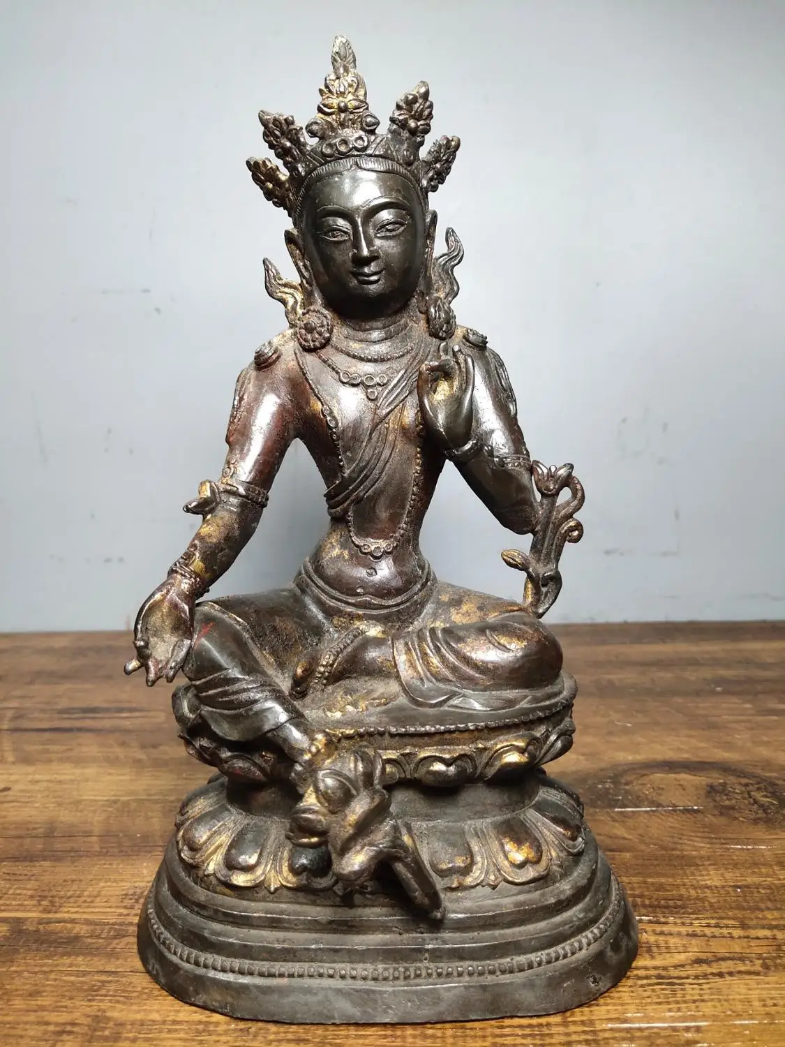 

Home Decor 10" Tibet Buddhism Temple Old Bronze Cinnabars Green Tara Guanyin Buddha Statue Avalokitesvara Amitabha statue