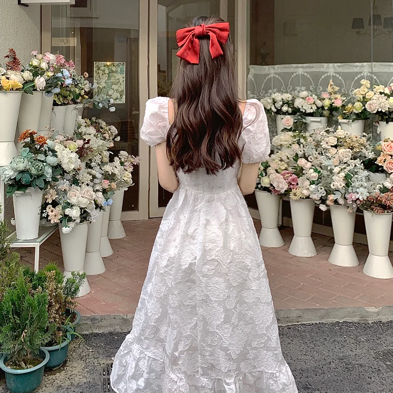 パフスリーブのエレガントなドレス 白 ワンピース 韓国 夏 夕方 ヴィンテージ 21 Aliexpress レディース衣服