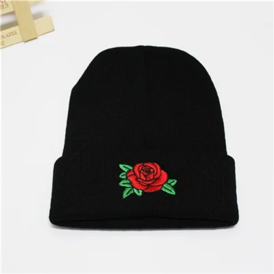 Осенняя и зимняя теплая ворсовая шапка, лыжная шапка, женская шапка с вышивкой, розовая шерстяная вязаная шапка - Цвет: Black-2