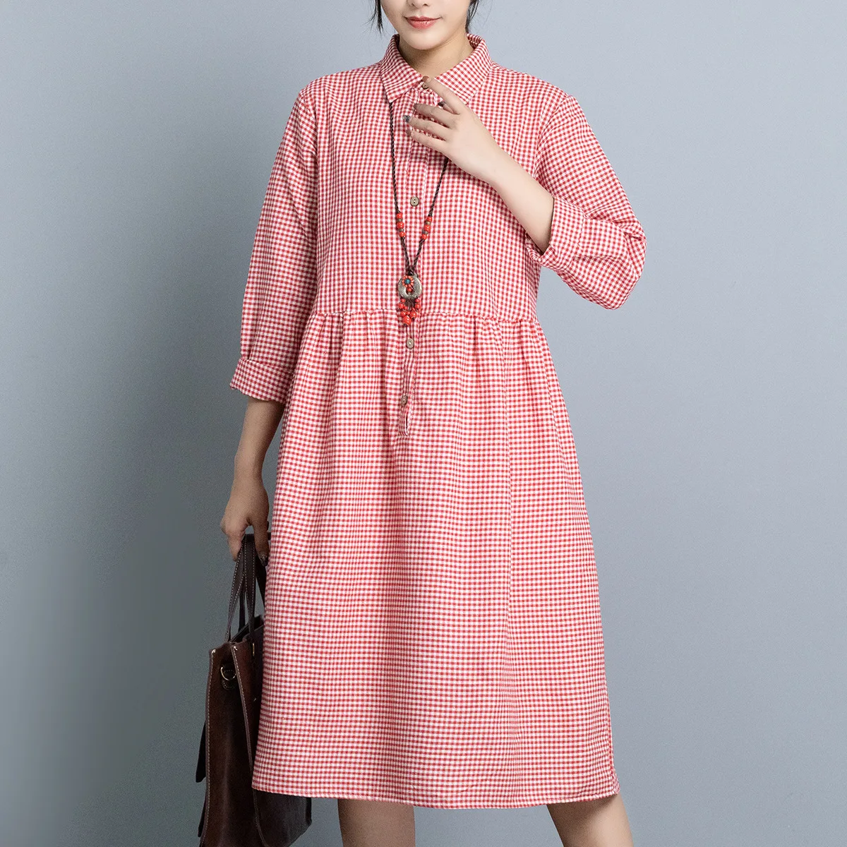 

2019 Women's Autumn And Winter New Style Literature And Art Loose And Plus-sized WOMEN'S Dress Fashion Plaid Cotton Linen Long-s