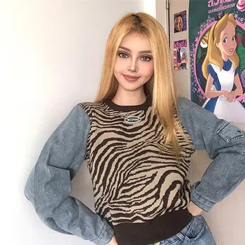 

Retro Zebra Pattern Knitted Sweater Women 2020 Autumn Winter Stitching Denim Round Neck Long-Sleeved Top Loose Pull Femme