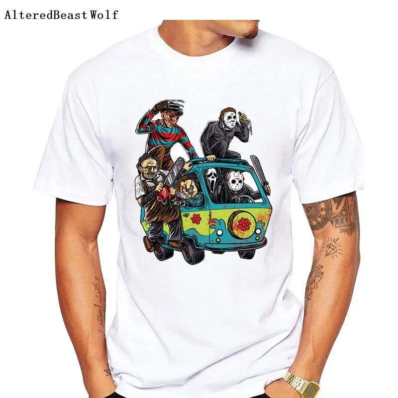 

T Shirts Men The Massacre Machine Horror T-Shirt Chucky Jason Voorhees Michael Myers Tees Shirt Freddy Short Sleeve vogue tee