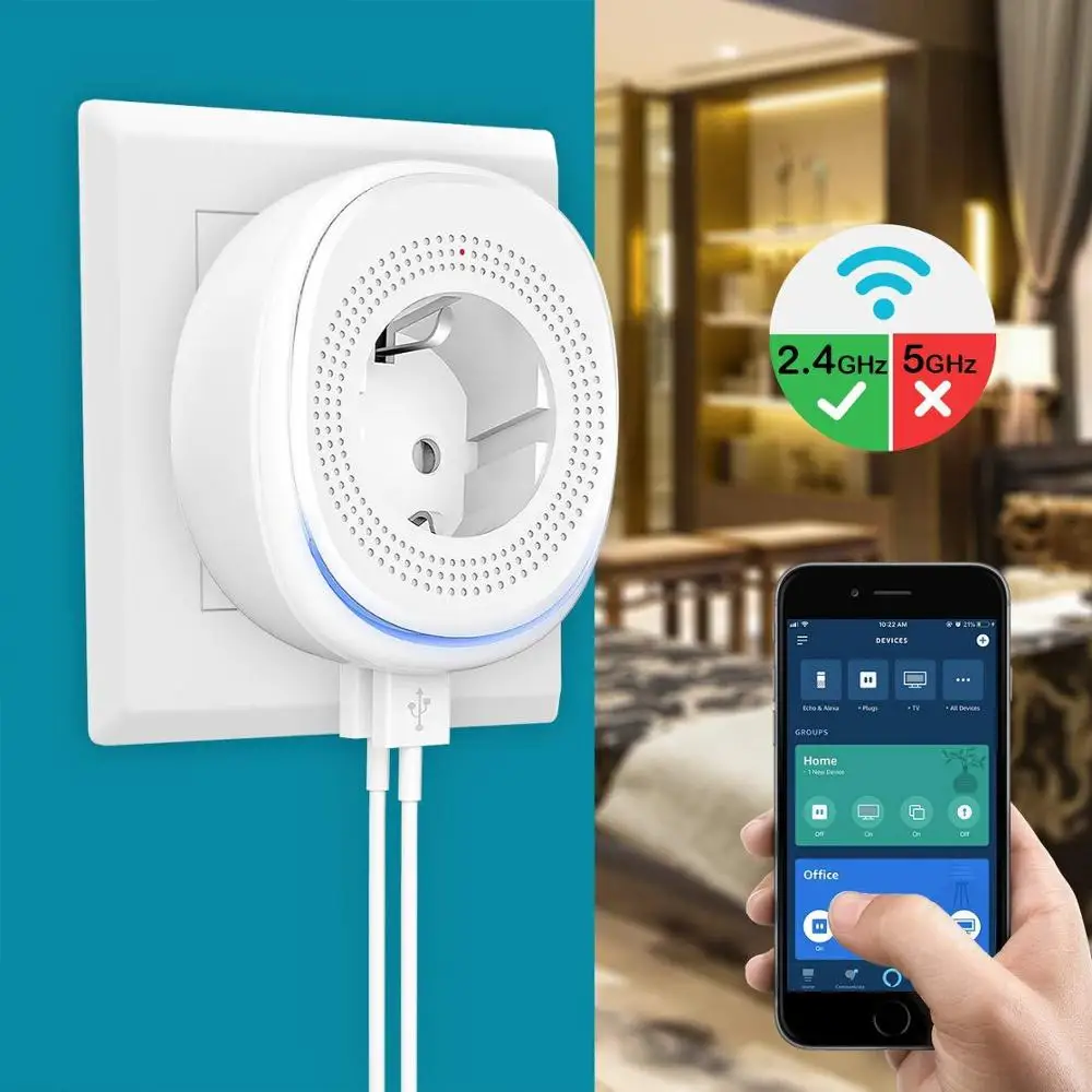 Европейская розетка с двумя USB портами со светодиодной подсветкой Wi Fi