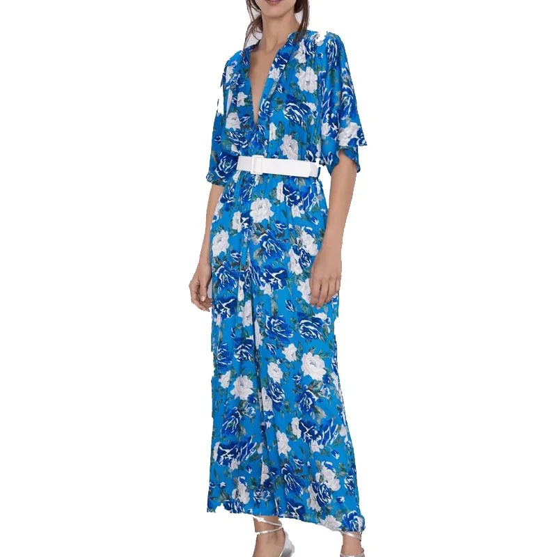 

KZ930 Women Blue Color Floral Print Slim Waist Belt Wide Leg Jumpsuit Female Match All Jumpsuits