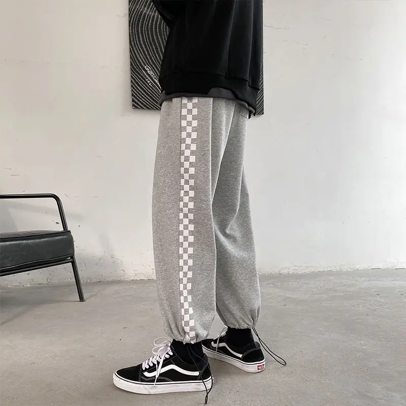 2021 New Plaid Casual Sweatpants Men Spring Autumn High Waist Elastic Loose Trousers Men Korean Drawstring Wide Leg Pants