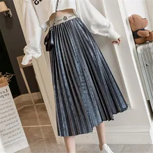 Streetwear Fashion High Waist Pleated Skirt Women Autumn Winter Midi Skirt Female Gold Velvet Long Skirt Faldas Mujer Moda