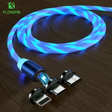 Floveme magnético telefone usb cabo de carregamento rápido iluminação micro tipo c fluxo luminoso led para iphone xiaomi magnético usb c cabo