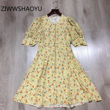 

ZIWWSHAOYU Summer Women Multicolor Ditsy Floral Print Vintage Mini Dresses Runway Designer Ladies Puff Sleeve Elegant Mini Dress