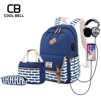 

Canvas 3PCS/SET Schoolbag External USB Charger Women School Backpack For Teenager Girls Bag Purses And Handbags Girls Bags