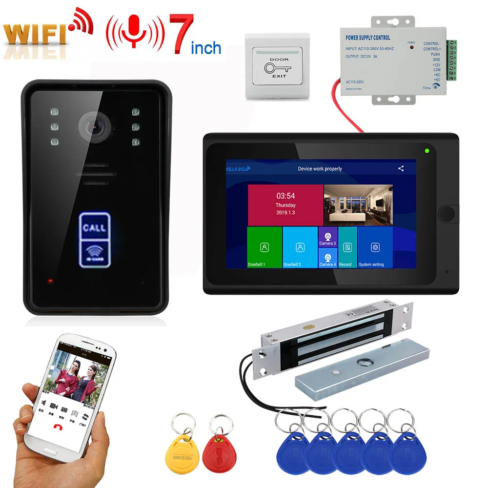 cheap 7inch Wireless Wifi RFID Video Door Phone Doorbell Intercom Entry System with 280kg 600BL Mortise Mount Door Magnetic Lock