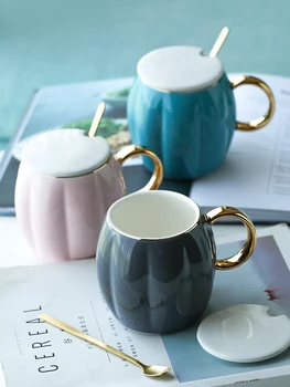 

Luxury Gold Coffee mug Nordic Personalized milk Ceramics large Couple Cup Pumpkin tazas de cafe with Spoon Drinkware EC50BZ