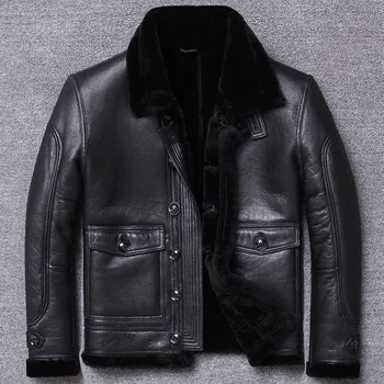 

Men's Genuine Leather Jacket Winter Coat Men Sheep Shearling Motorcycle Flight Jacket Wool Lining Sheepskin Coat U-M803