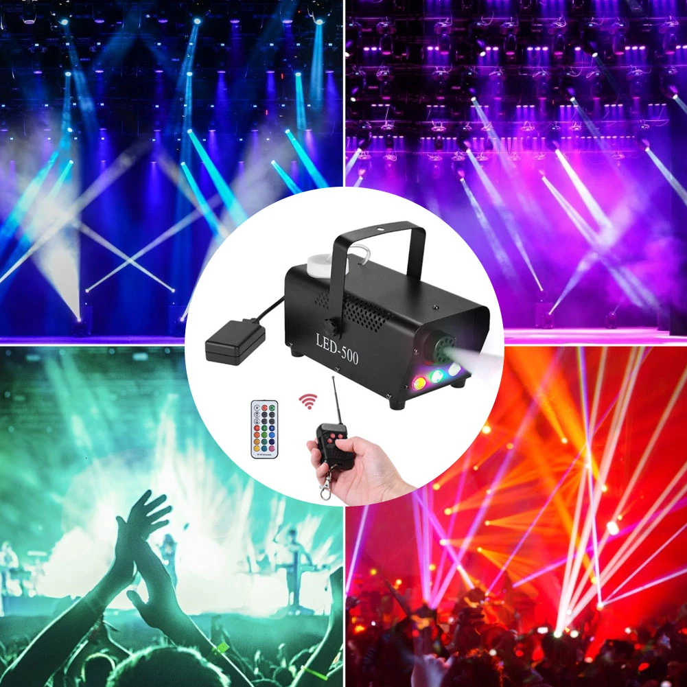 

500w Disco Colorful Smoke Machine Mini RGB Mixed Color LED Remote Control Fogger Ejector Dj Christmas Party Stage Fog Light