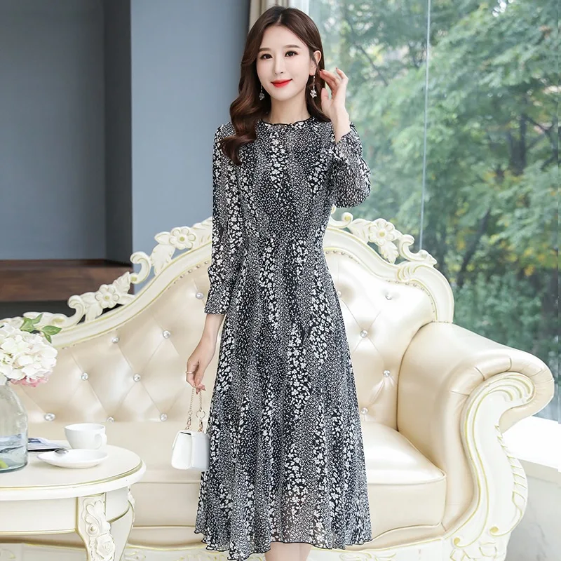 

Vintage Printed Dress Spring Clothing 2020 New Style High-End Elegant Long Sleeve Floral Rich Lady Debutante Chiffon Dress