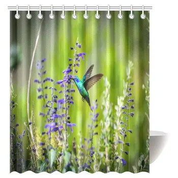 

Beautiful Hummingbirds Decor Shower Curtain, Green Violet Eared Hummingbird Fabric Bathroom Shower Curtain Set with Hooks, Extra
