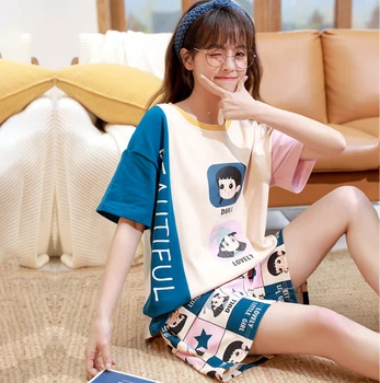 

2020 Popular Summer Cartoon Women Pajamas Lovely Soft Cotton Sleepwear Short-sleeve Short Pants Ladies Girl Nightwear 2 Pcs/set