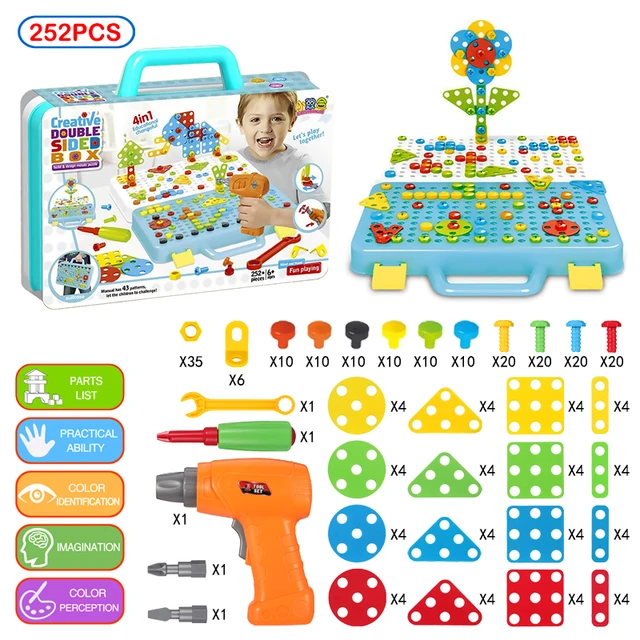 STEM Educational Electric Drill Toy DIY Creative Mosaic Design Puzzle Set Screw & Nut Group Disassembly Kids Toys Christmas Gift 2
