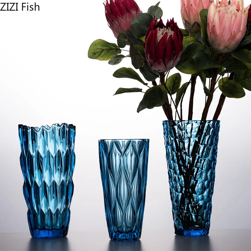Blue Glass Vase Transparent Vases for Flowers Creative Relief Modeling Hydroponic Floral Artificial Flower Ornaments Desk Decor | Дом и сад
