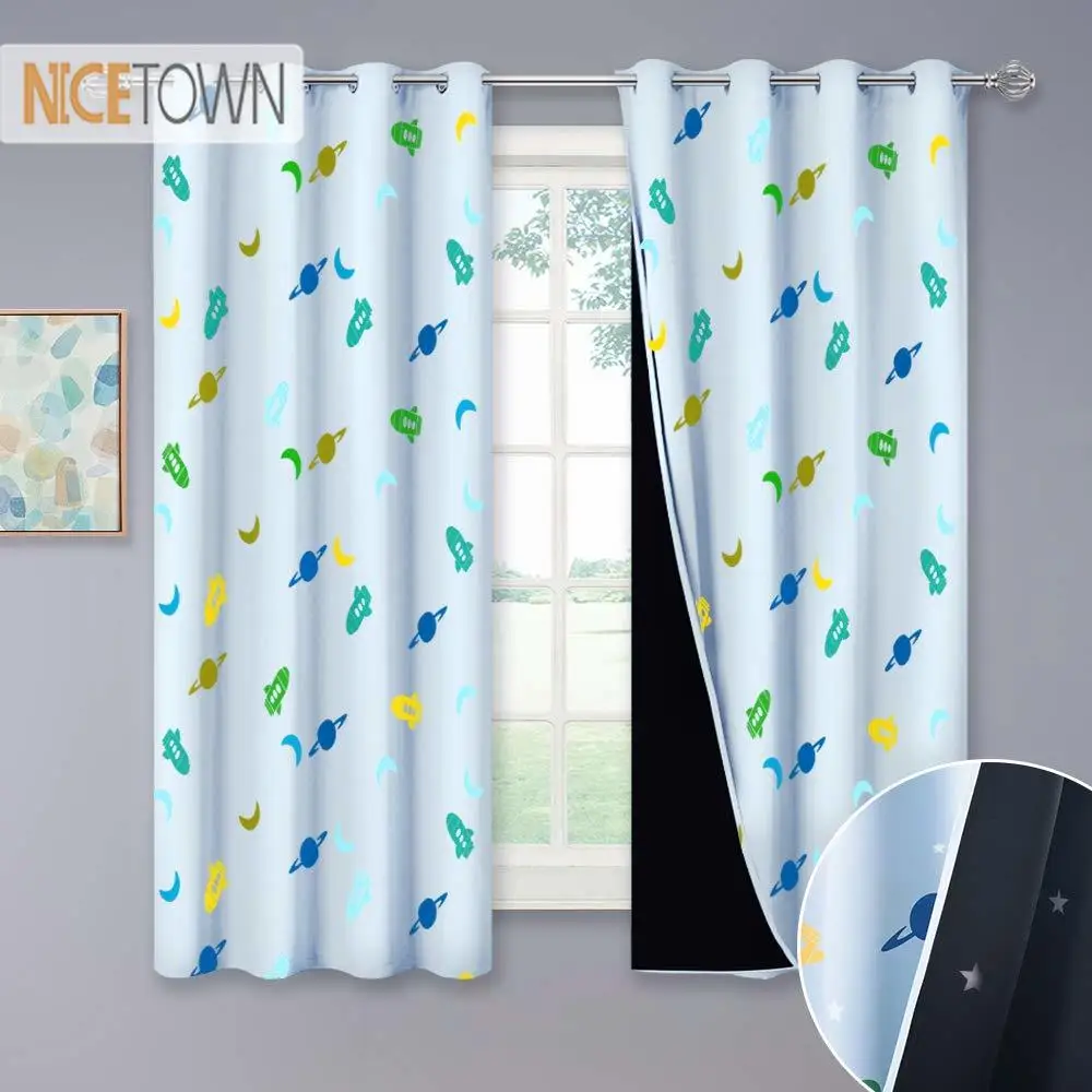 

NICETOWN Blackout Kids Curtains 2 Layers of Space Rocket Planet Moon Printed Bedroom Nursery Drapes with Twinkle Stars Cut Liner