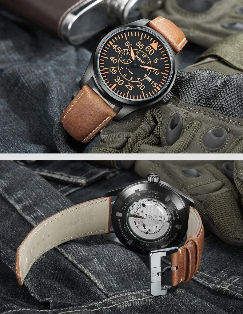 44 мм мужские s Pilot автоматические механические часы с календарем сапфировые часы из натуральной кожи ВВС мужские военные наручные часы светящиеся