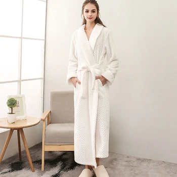 

2020 Winter Sleepwear Women Solid Plus Size Loose V Neck Long Sleeve Nightwear with Sashes Ankle Length Female Thick Homewear
