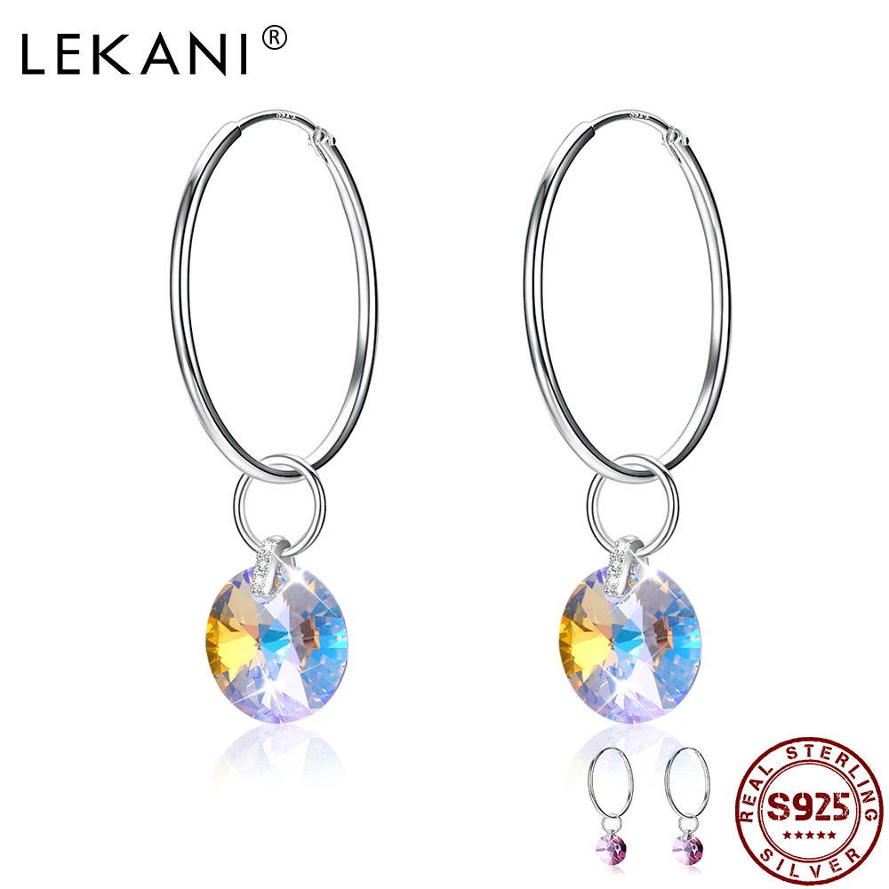 

LEKANI S925 Sterling Silver Earrings For Women Circle Colorful Austria Crystal Hanging Hoop Earring Female Fine Jewelry Gift