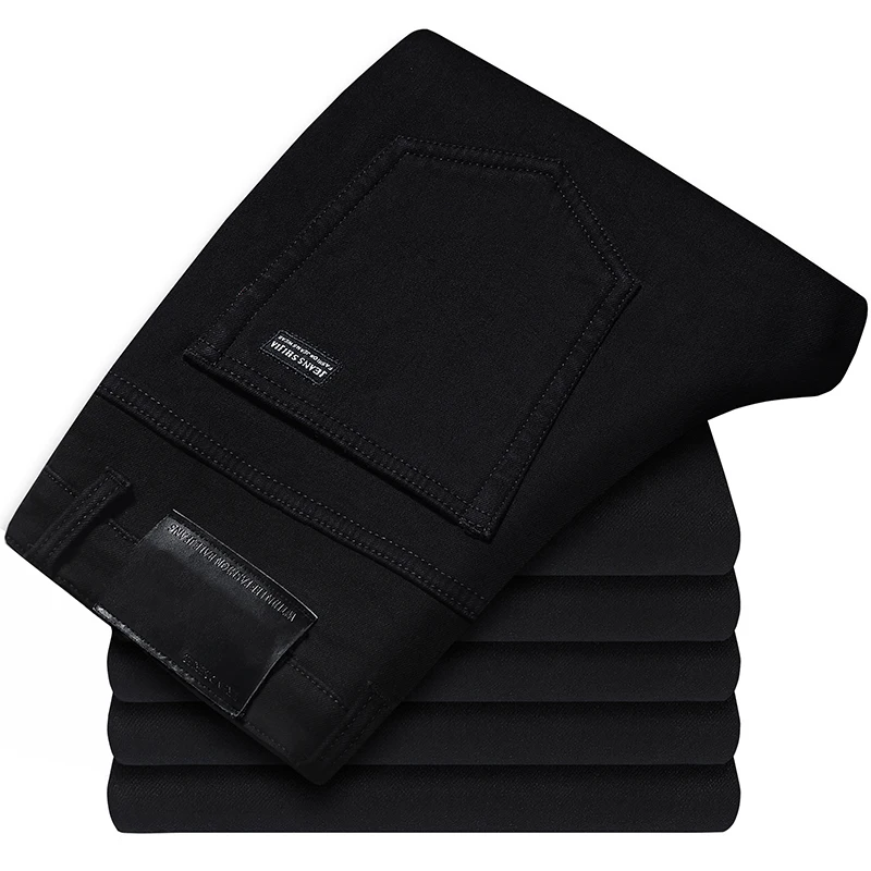 Bajo costo Pantalones vaqueros clásicos elásticos para hombres, jeans de estilo de negocios, moda slim fit, de marca masculina, avanzados, color negro, 2020 mmQKMlrwd0D