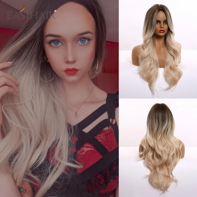 EASIHAIR Ombre Brown Light Blonde Platinum Long Wavy Middle Part Hair Wig Cosplay Natural Heat Resistant Synthetic Wig for Women 1