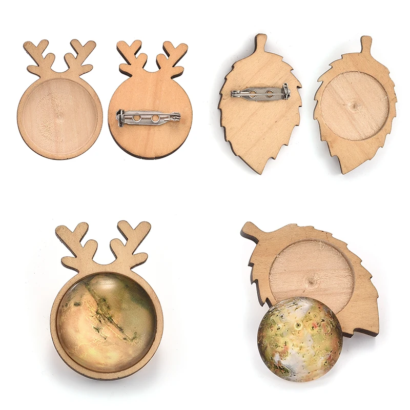 

10pcs Elk Head Wood Cabochon Blank Brooch Base Setting 25mm Dia Round Bezel Wooden Cameo DIY Brooch Pin Back for Jewelry Making