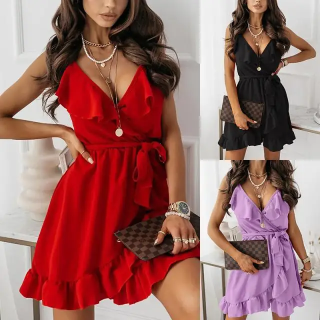 Sexy Deep V Neck Red Ruffles Mini Dress 