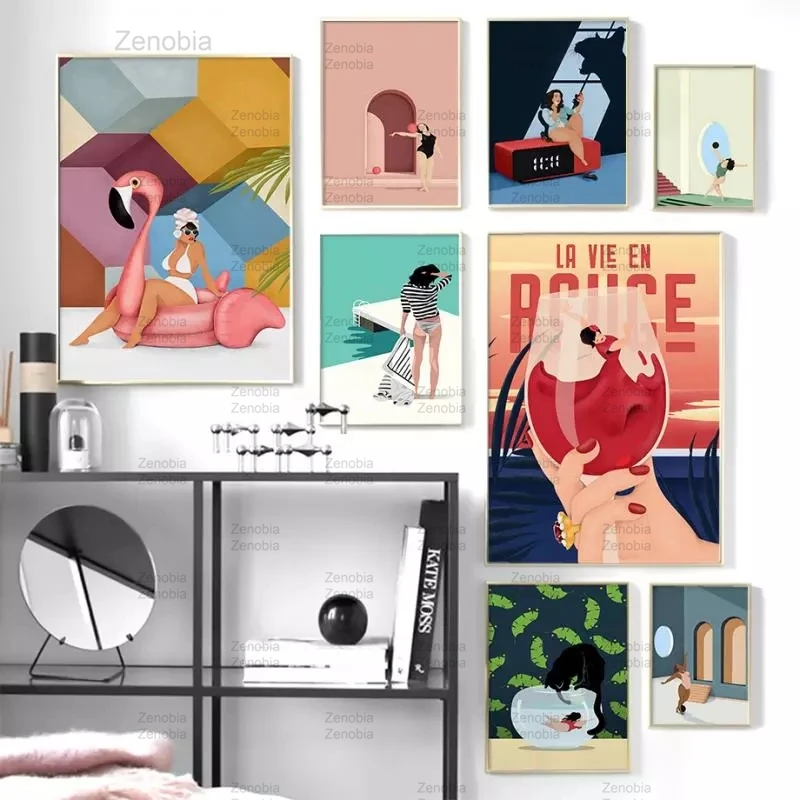 

Swimsuit Woman Canvas Painting Nordic Posters and Prints Cartoon Creative Pool Party Wall Art Pictures Girl Room Home Decoration