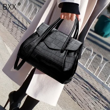 

[BXX] 2020 Woman Black Color Single Strap Double Handles Alligator Pattern High Capacity Bussiness Shoulder Bag Handbag LM910