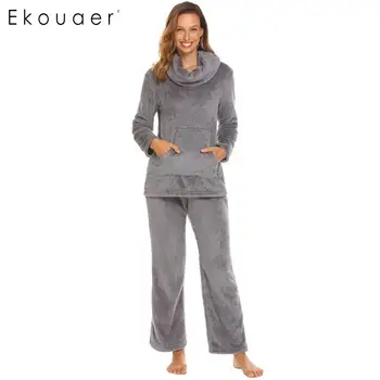 

Ekouaer Women Winter Flannel Nightwear Cowl Collar Long Sleeve Soft Fleece Pajama Set Homewear Clothing Autumn Nightwear Suits