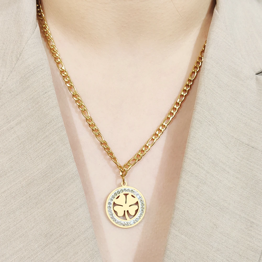 Crystal Round Clover Necklace For Women And Men Stainless Steel Cuban Chain Necklaces New Statement Wedding Gifts Jewelry S767