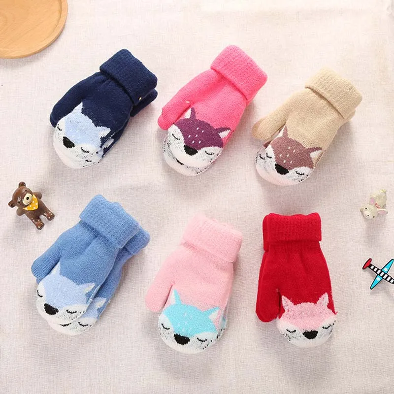 Children winter gloves Cute Cartoon Fox Thicken Warm Gloves Knitted Wool Kids Boys Girls Finger Mittens handschoenen