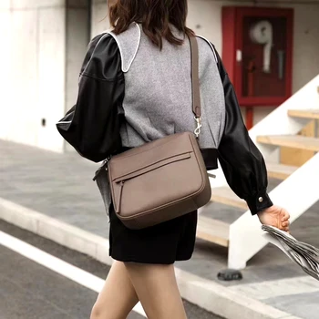 

Leather crossbody bag simple and elegant fashion wild top layer cowhide wide shoulder strap ladies shoulder bag
