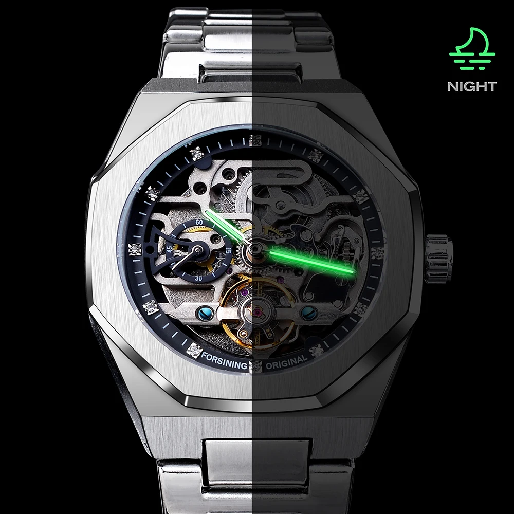 Mechanical Watch Forsining Casual Automatic 3D Diamond Skeleton Hollow Mens Wristwatches Luminous Military Tourbillon