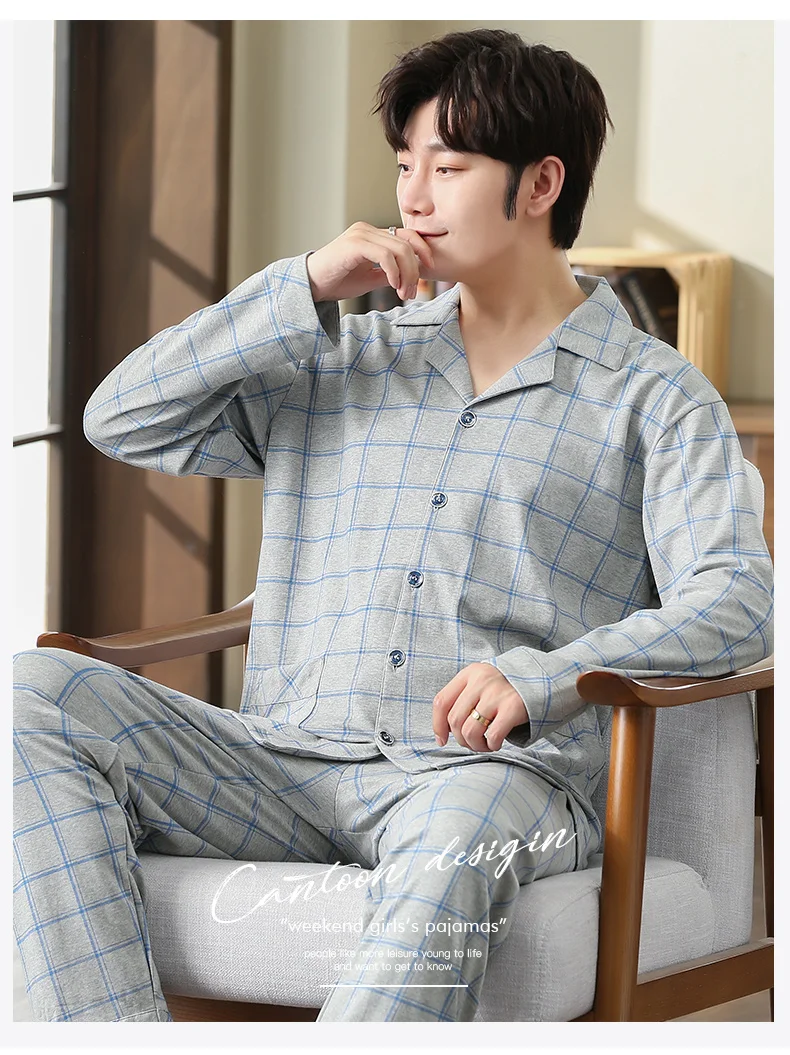 Men Pajamas Sets Full Pure Cotton Pyjamas Sleepwear Nightwear Underwear Long Sleeve Printed Plaid Casual Spring Autumn Winter silk pajama pants