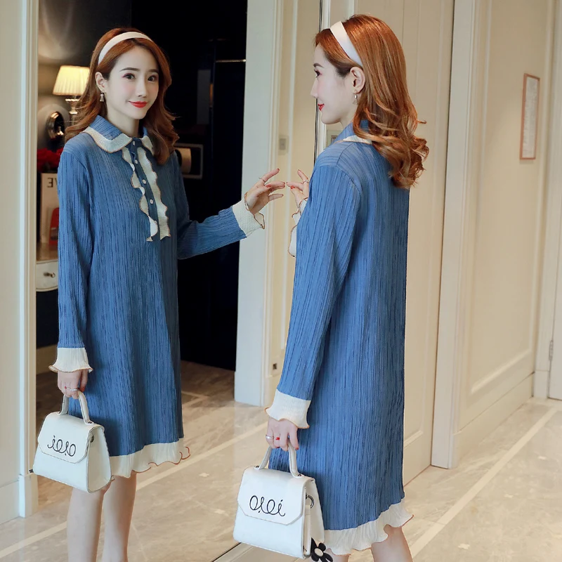 Postpartum Women Button Fly Lactation Dress Long Sleeve Peter Pan Collar Maternity Breastfeeding Pleated Red Party | Мать и ребенок