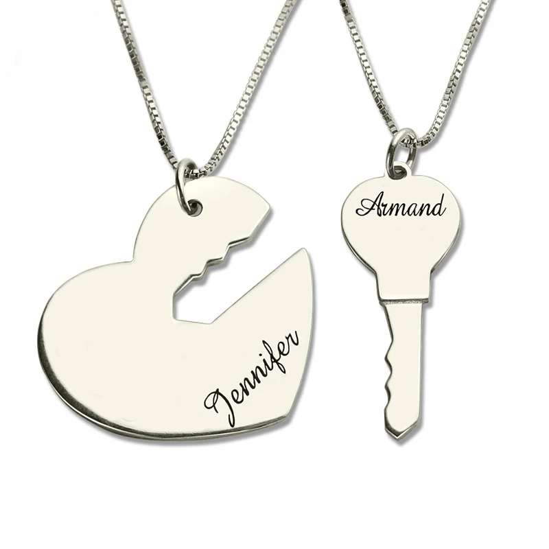 

Fashion Stainless Steel Couple Custom Personalized Names Necklace Heart Key Patterns Unique Necklaces Set Anniversary Gift