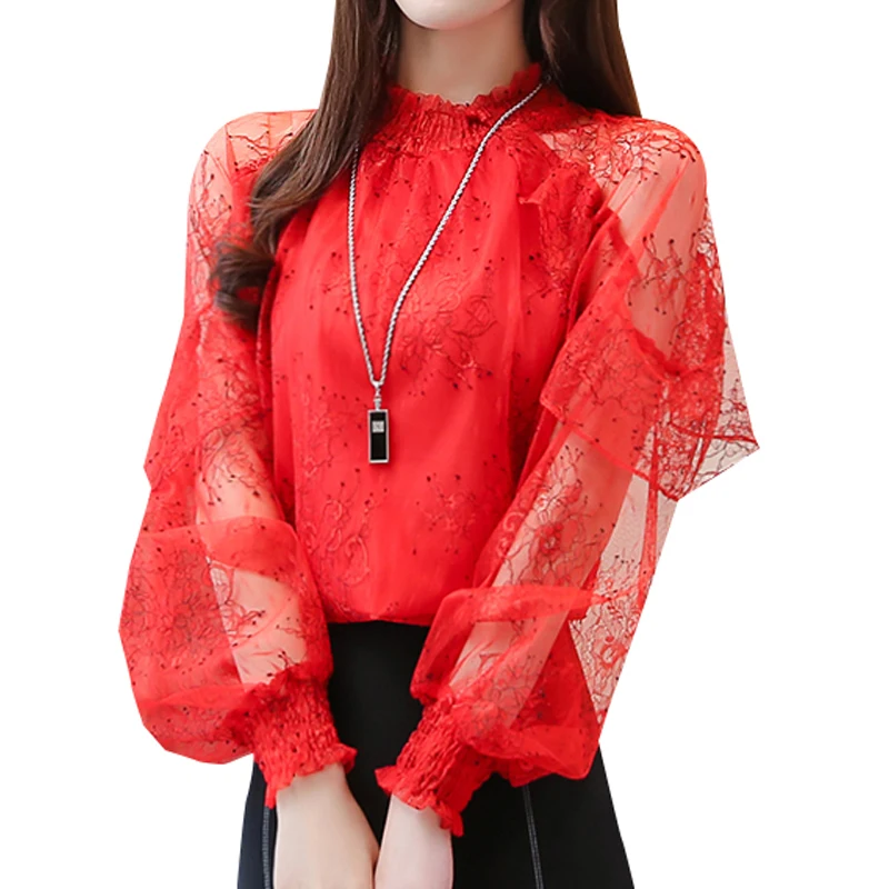 

Lace Printed Women's Tops Fashion Blusas Femininas Elegante Boho Chiffon Shirts Ruffles Lace Blouse New Autumn Elegant 209i