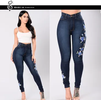 

Hot Selling Black And White with Pattern Embroidery Flower Elasticity Jeans WOMEN'S Pants Europe And America New Style 2020