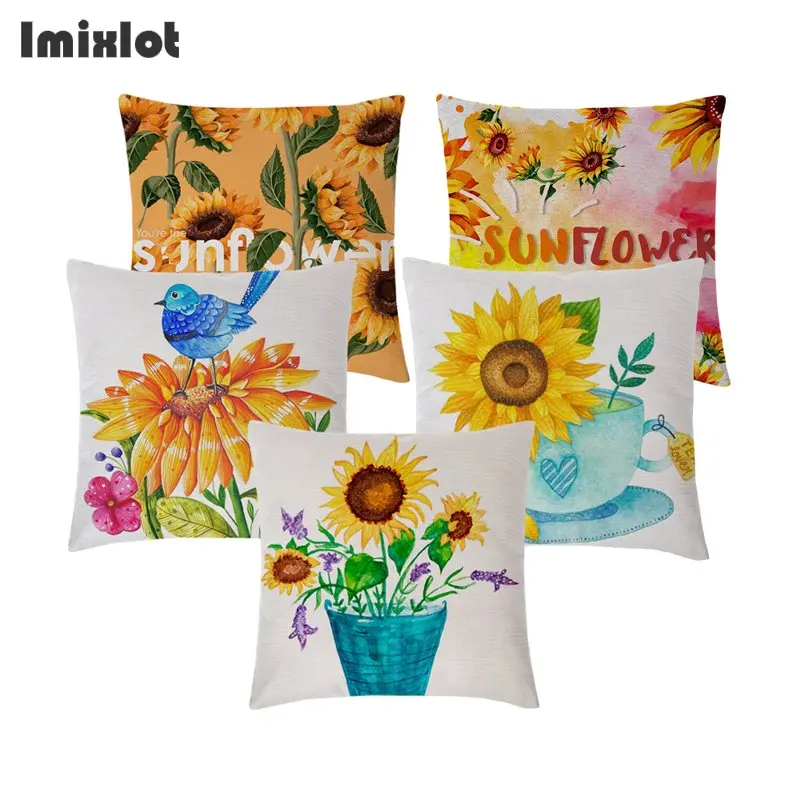 

Fashion Cotton Linen Flower Pattern Throw Pillow Case Sunflower Cushion Covers for Home Sofa Chair Decorative Pillowcases Q0490