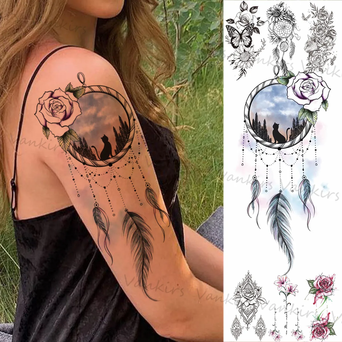 

Colorful DreamCatcher Feather Mountain Temporary Tattoos For Women Girls Butterfly Lily Fake Tattoo Sticker Arm Back Tatoos 3D