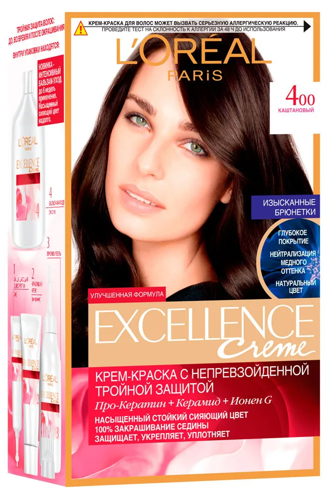 Крем-краска стойкая для волос L'Oreal Paris «Excellence», каштановый, тон 4