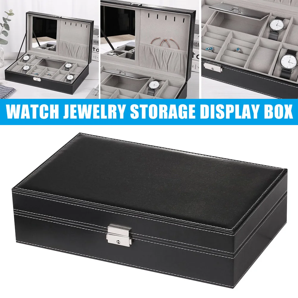 

11 Slots Watch Protective Box PU Case Jewelry Ring Display Organizer Storage Tray with Mirror d88